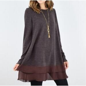 Egs by Elonges Brown Chiffon Hem Tunic Sweater Top S Small Minimalist Lagenlook